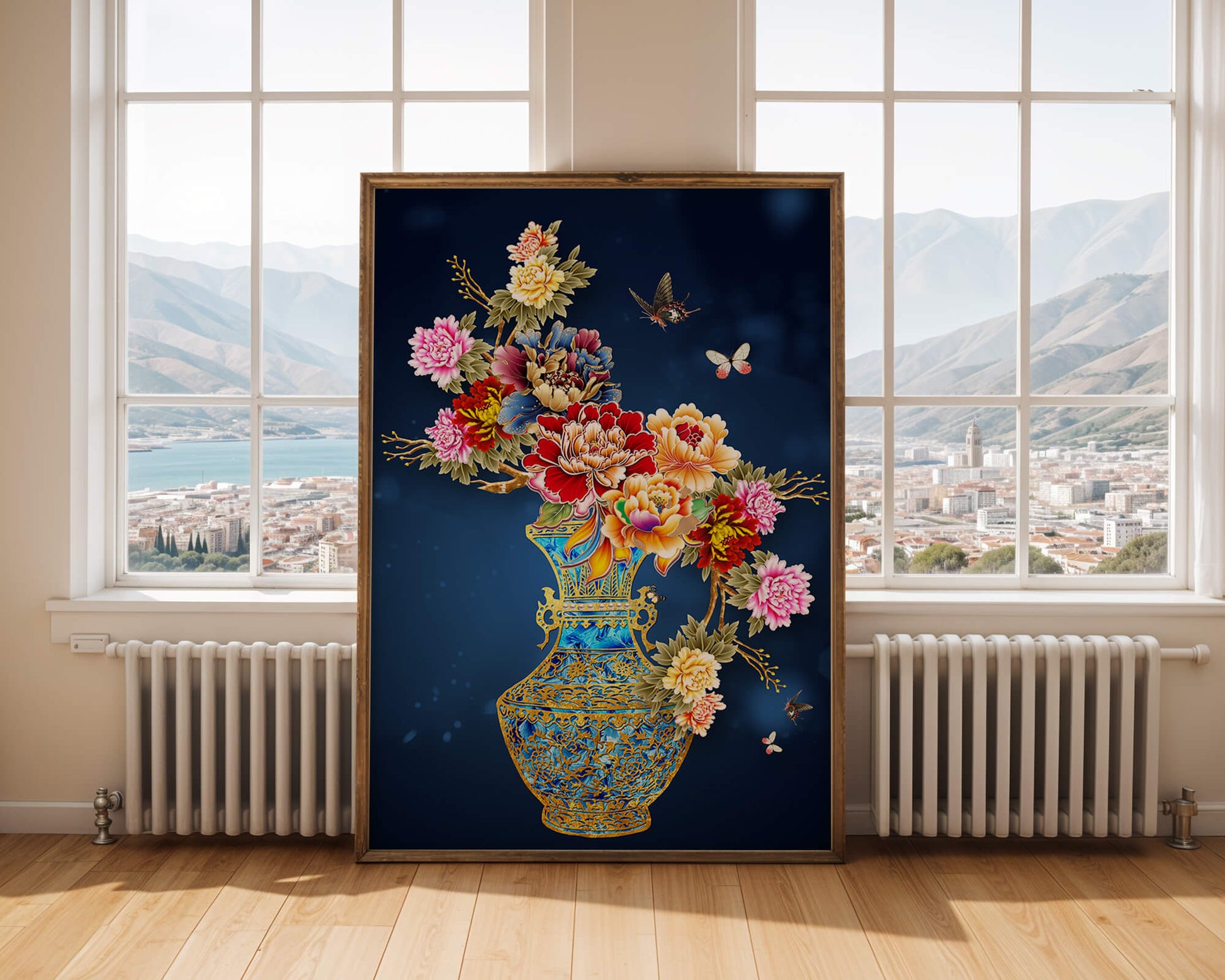 Elegant floral arrangement in ornate gold-accented vase with butterflies