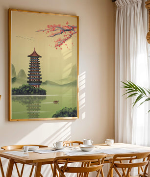 Serene landscape with traditional pagoda and blooming cherry blossoms