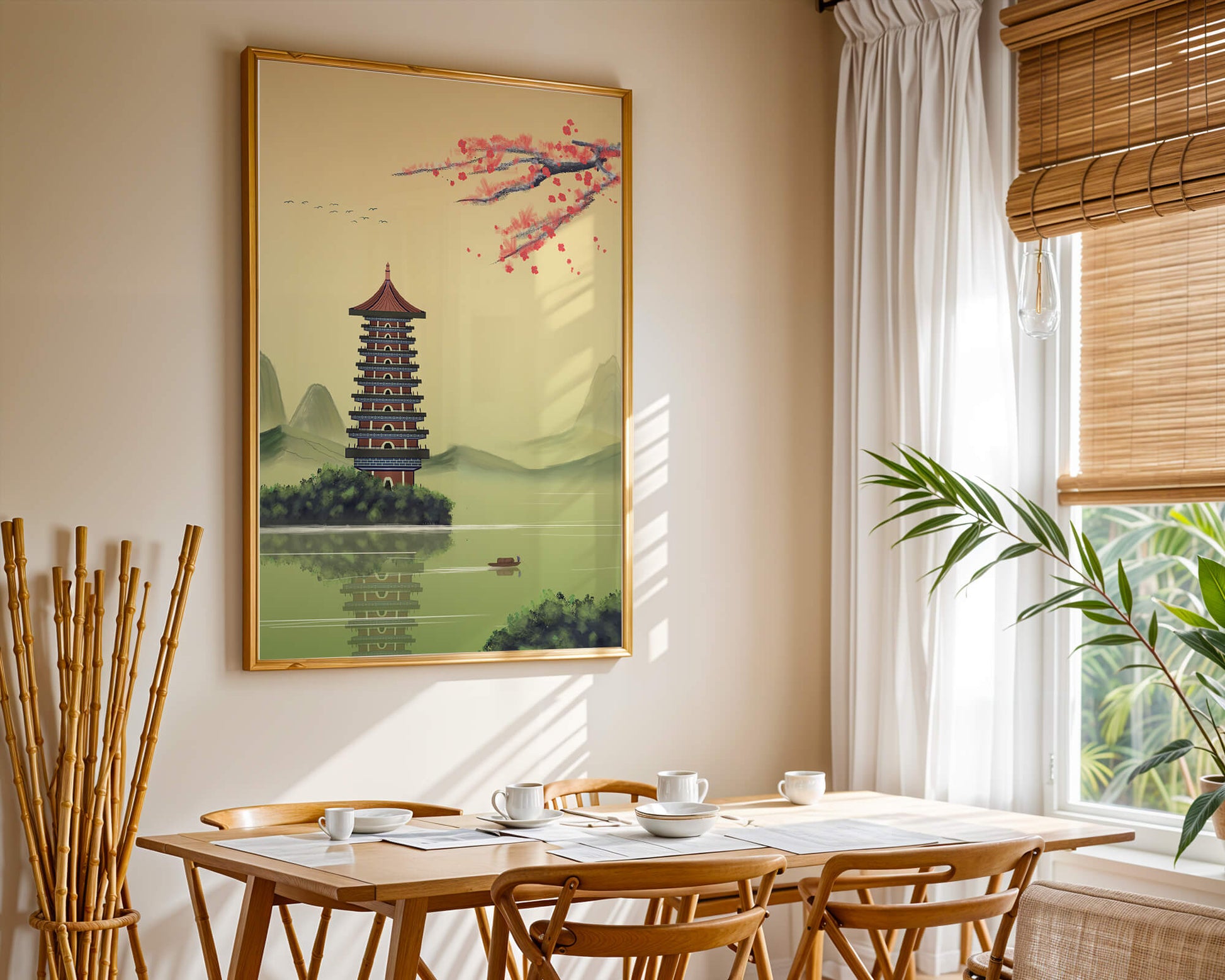 Serene landscape with traditional pagoda and blooming cherry blossoms