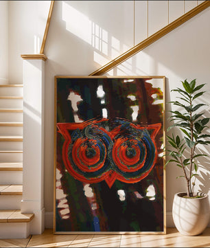 Abstract artwork featuring colorful geometric owl design