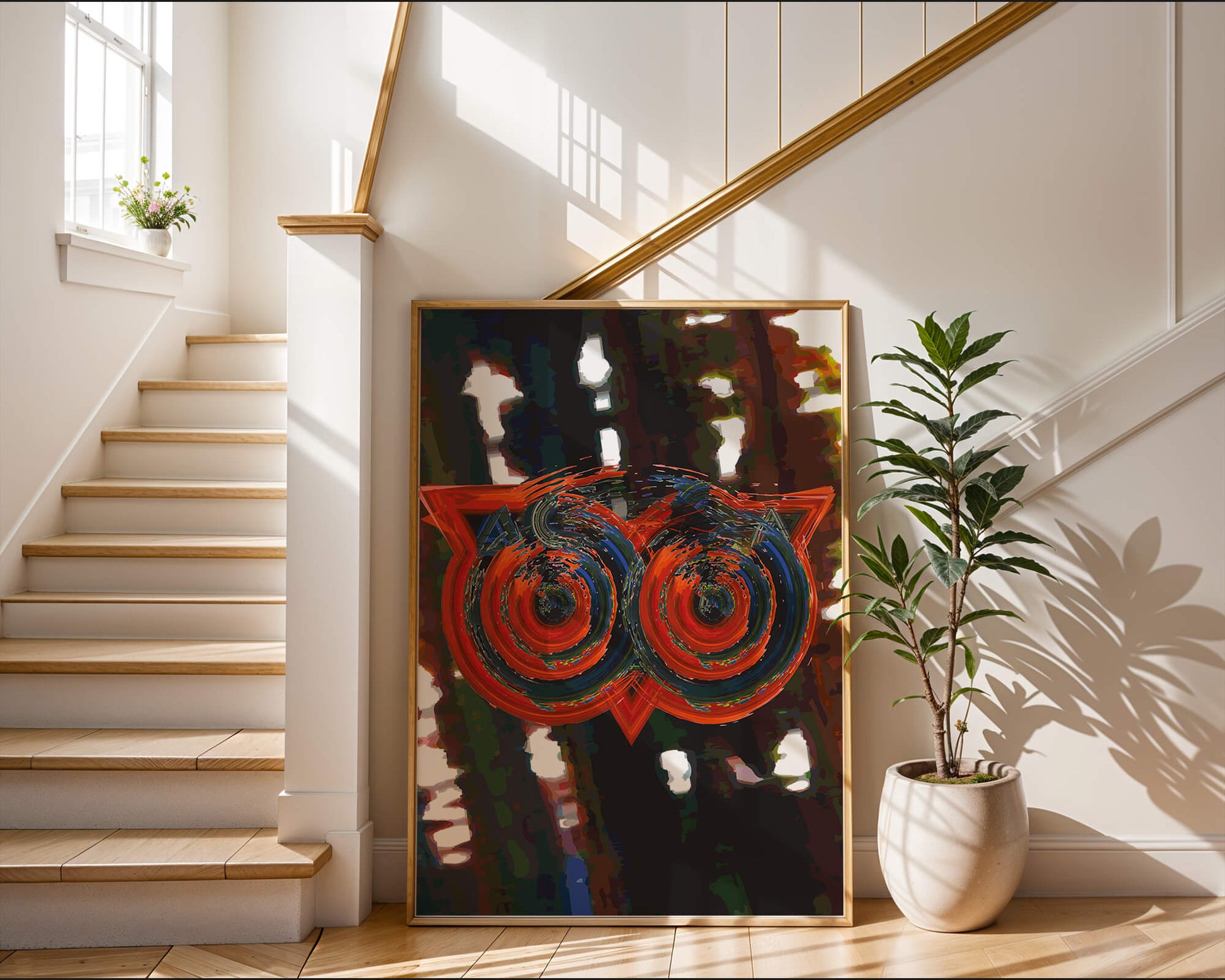 Abstract artwork featuring colorful geometric owl design