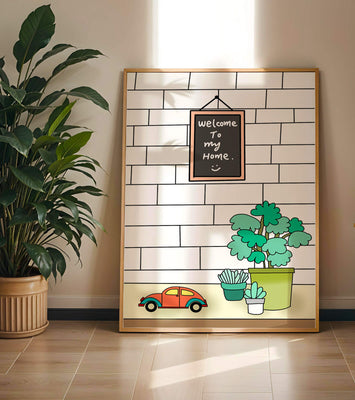 Chalkboard welcome sign with potted plants and a toy car