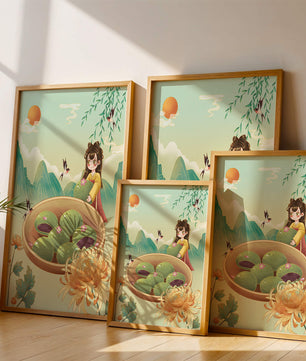 Charming Scene with Traditional Dress and Scenic Landscape Featuring Floral Elements and Birds