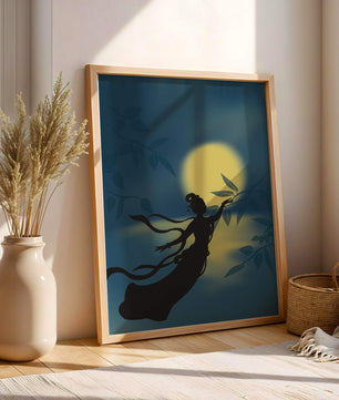 Silhouette of a Woman Reaching for Leaves in Front of a Full Moon