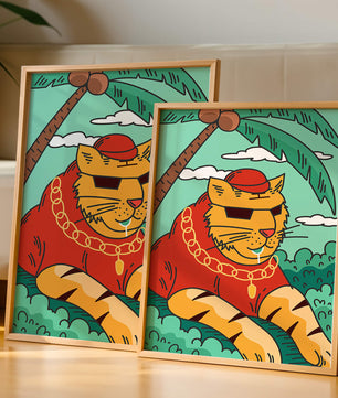 Stylish cartoon tiger lounging under a tropical palm tree with gold accessories