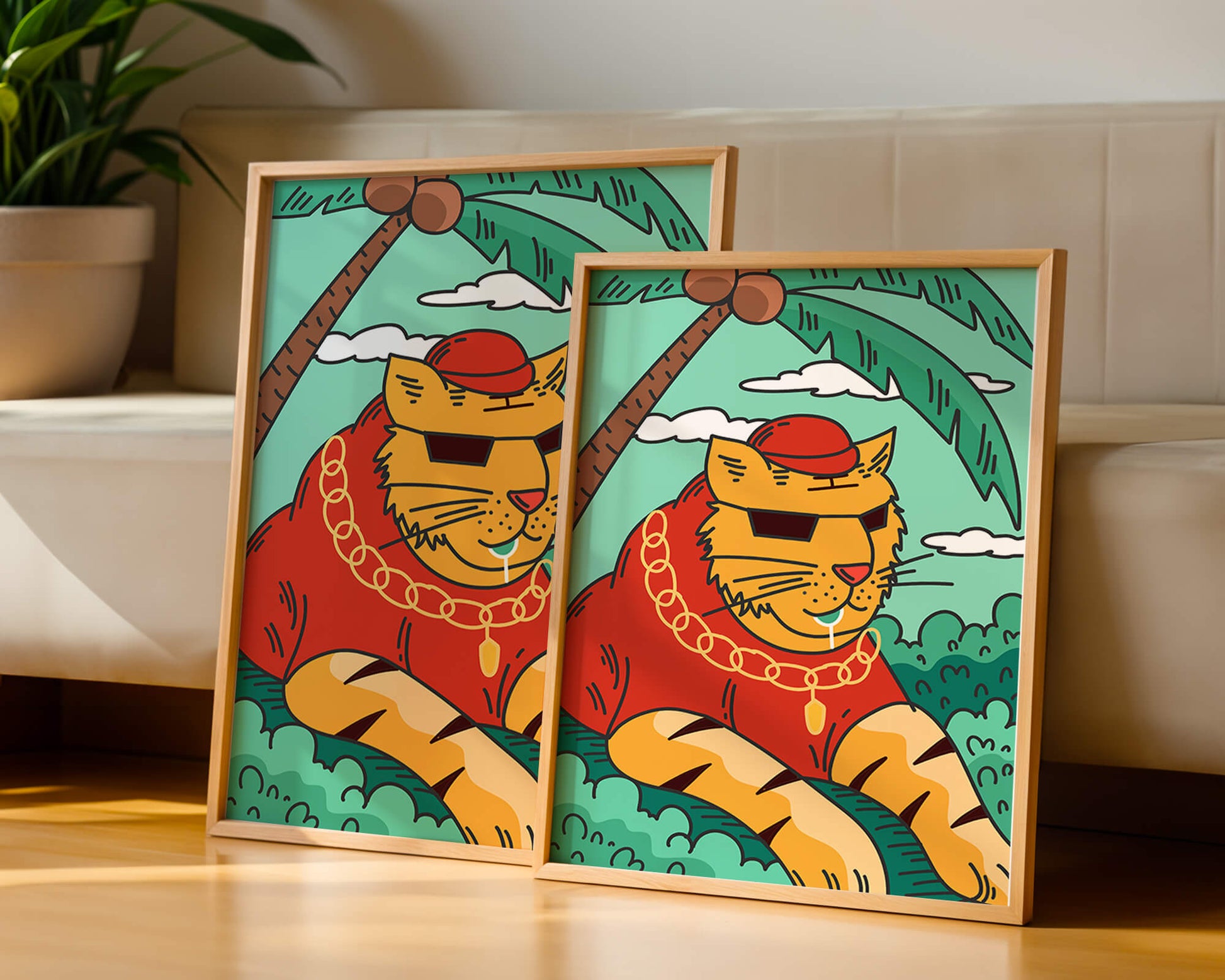 Stylish cartoon tiger lounging under a tropical palm tree with gold accessories