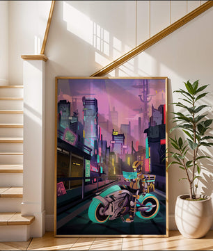 Futuristic Cyberpunk Cityscape with Neon Rider and Motorcycle