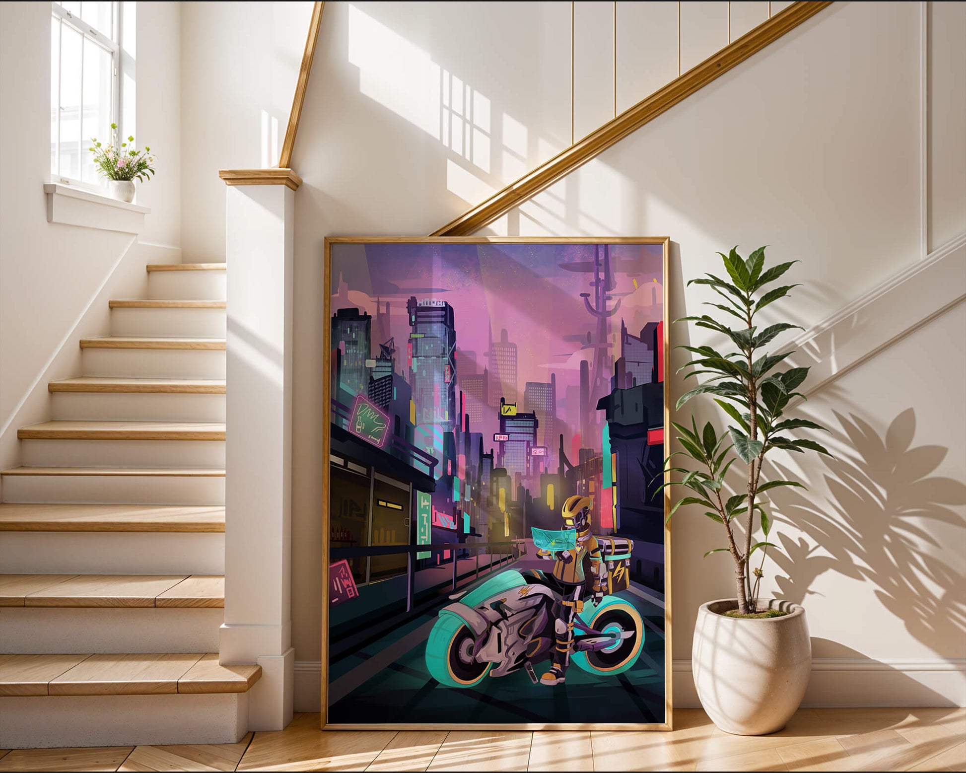 Futuristic Cyberpunk Cityscape with Neon Rider and Motorcycle