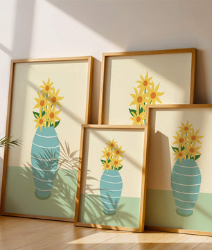 Yellow Sunflowers in a Blue Striped Vase on a Minimalist Background - Mi tienda