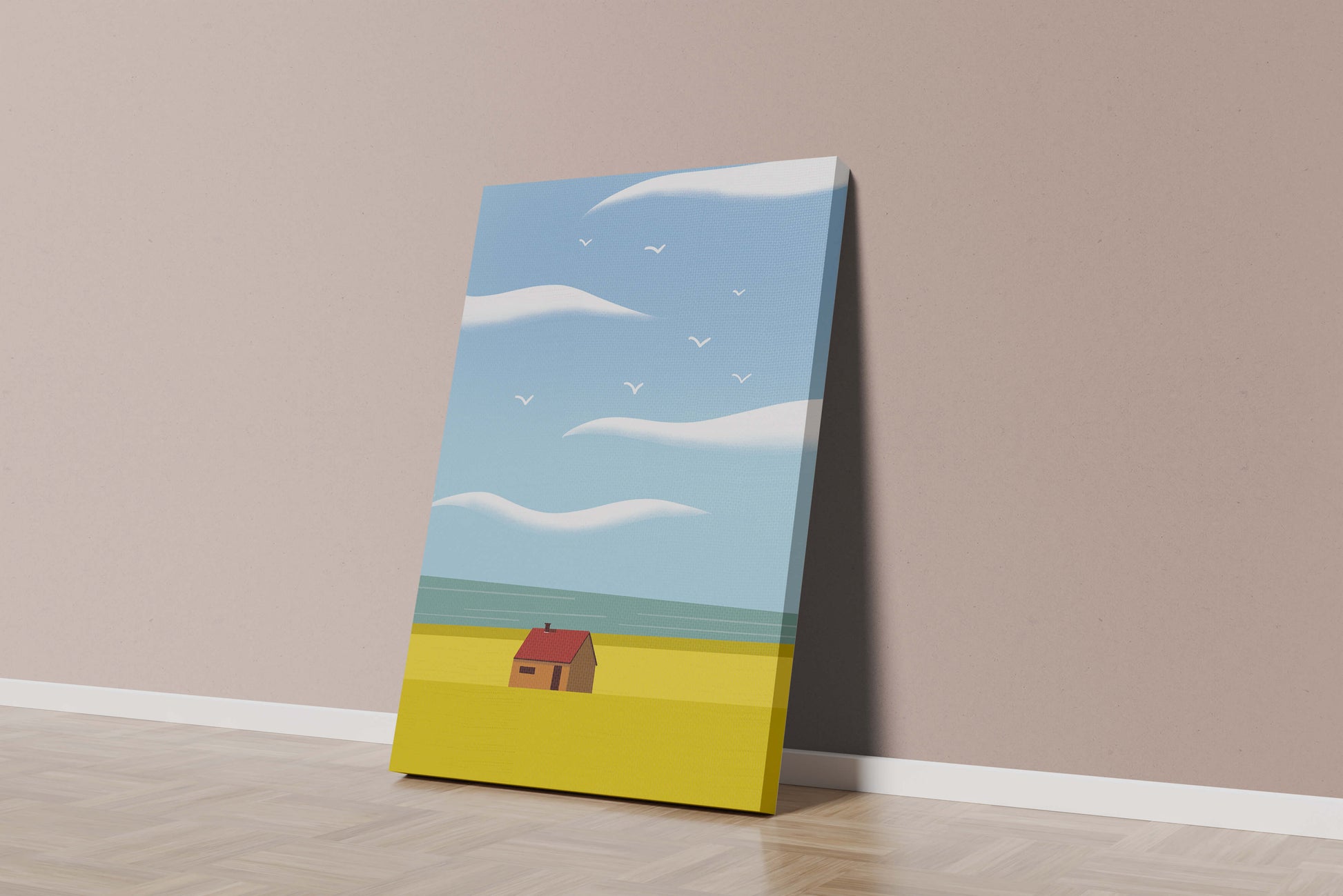 Minimalistic Landscape with House and Sky
