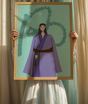 Personaje con atuendo tradicional sobre fondo texturizado