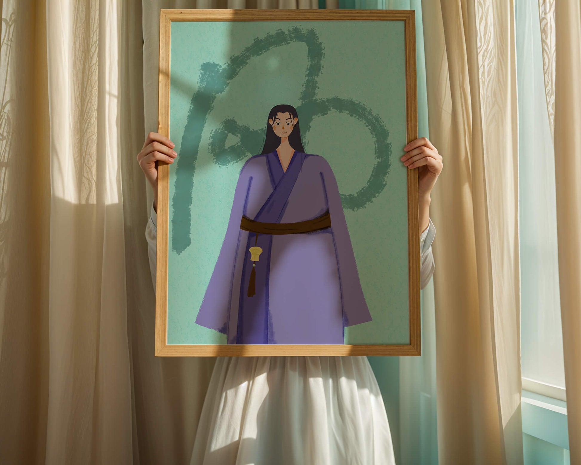 Character in traditional attire on textured background