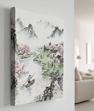 Idyllic Village Scene with Cherry Blossoms and a River