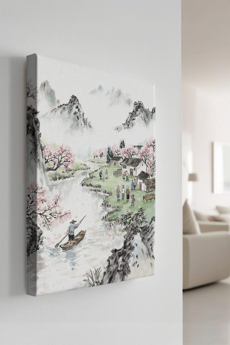 Idyllic Village Scene with Cherry Blossoms and a River