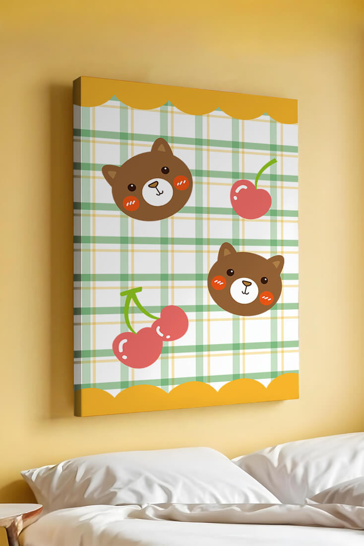 Playful bear and cherry pattern with plaid background