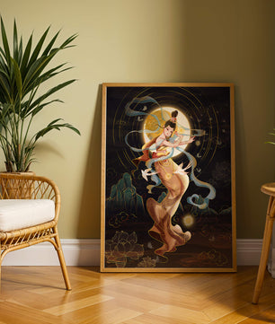 Elegant celestial dancer with gold elements in an ethereal fantasy scene