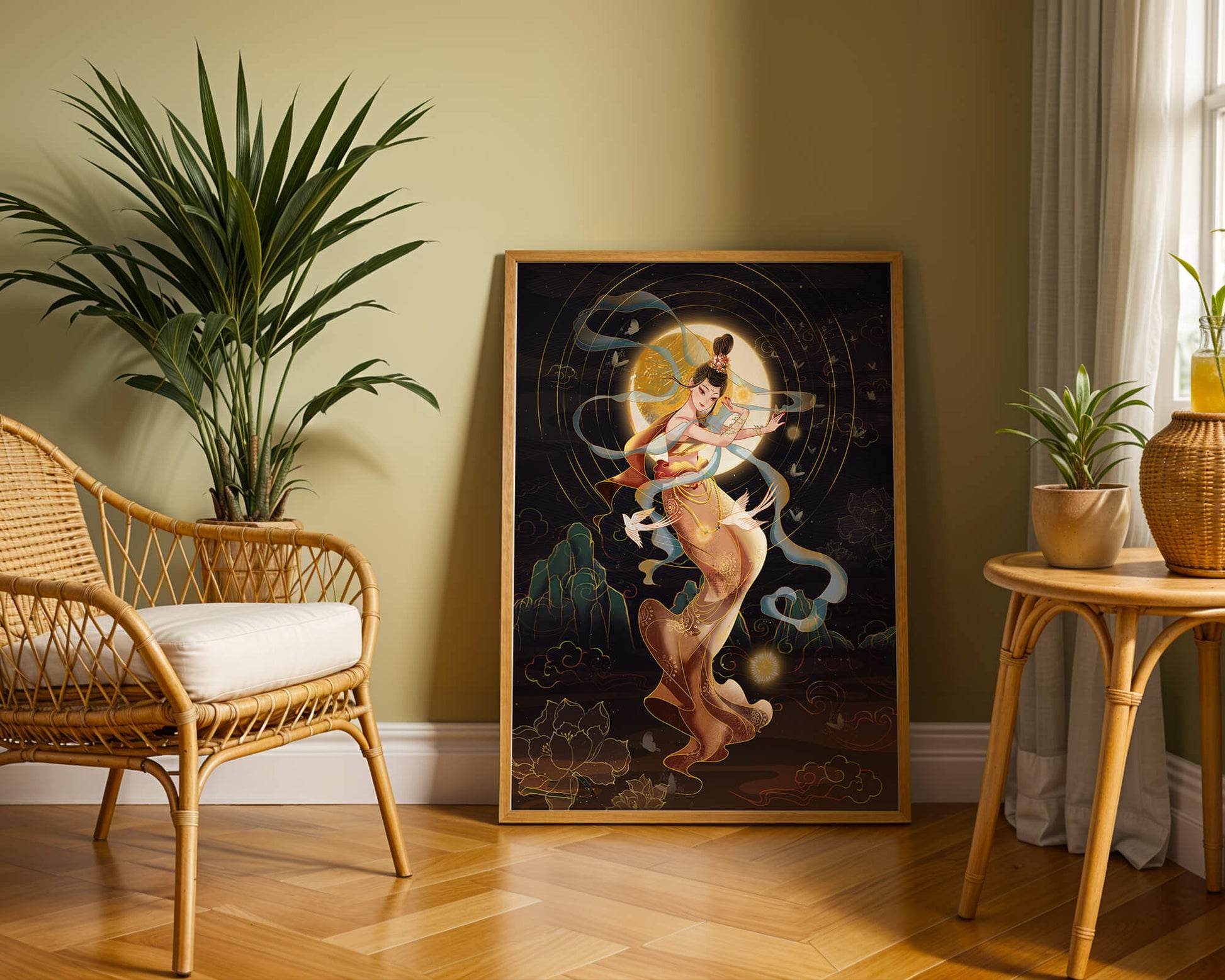Elegant celestial dancer with gold elements in an ethereal fantasy scene