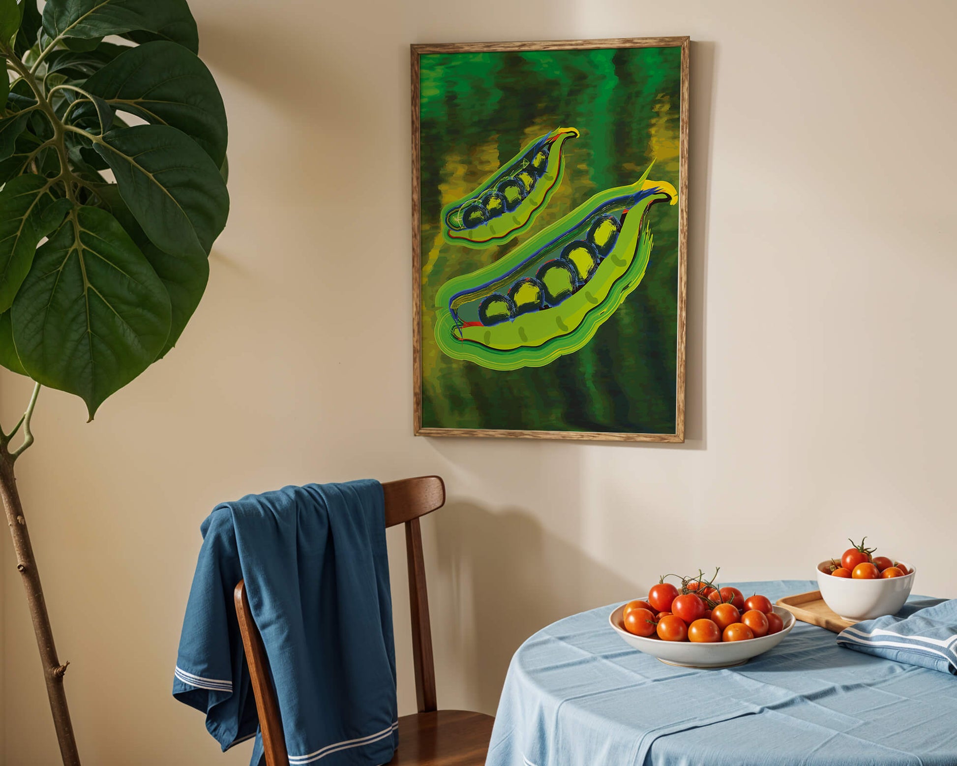 Ilustración abstracta de guisantes verdes coloridos con fondo vibrante