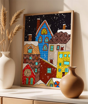 Farbenfrohe Winterstadtlandschaft mit schneebedeckten Häusern im Cartoon-Stil