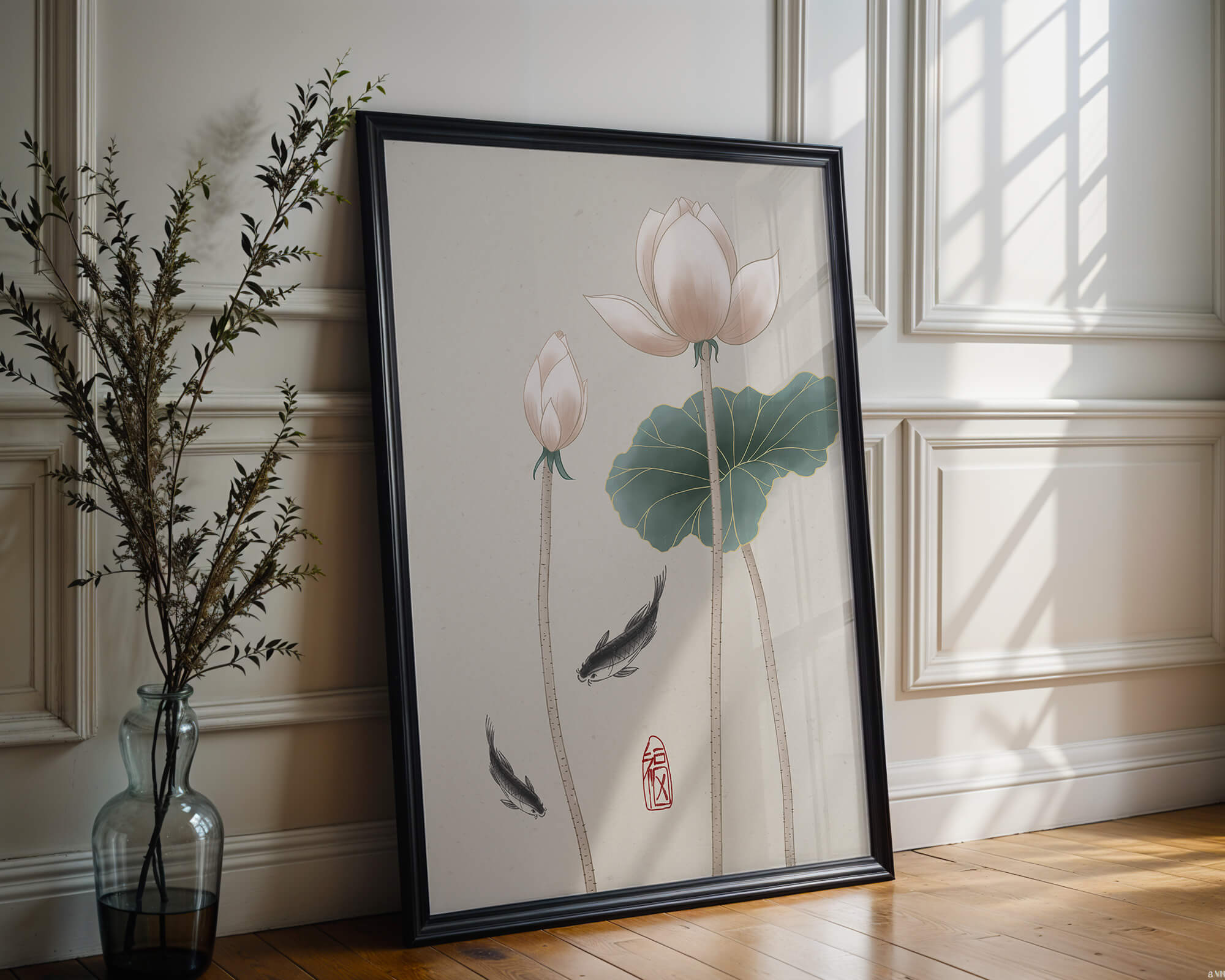 Lotus flowers and koi fish in minimalist Asian art illustration
