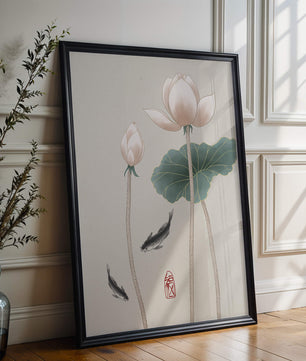 Fleurs de lotus et carpes koï dans une illustration d’art asiatique minimaliste