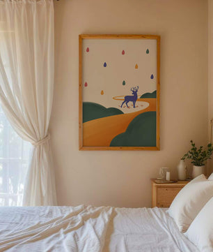 Colorful abstract deer illustration within a serene landscape