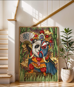 Colorful panda dressed in traditional Chinese opera costume surrounded by bamboo
