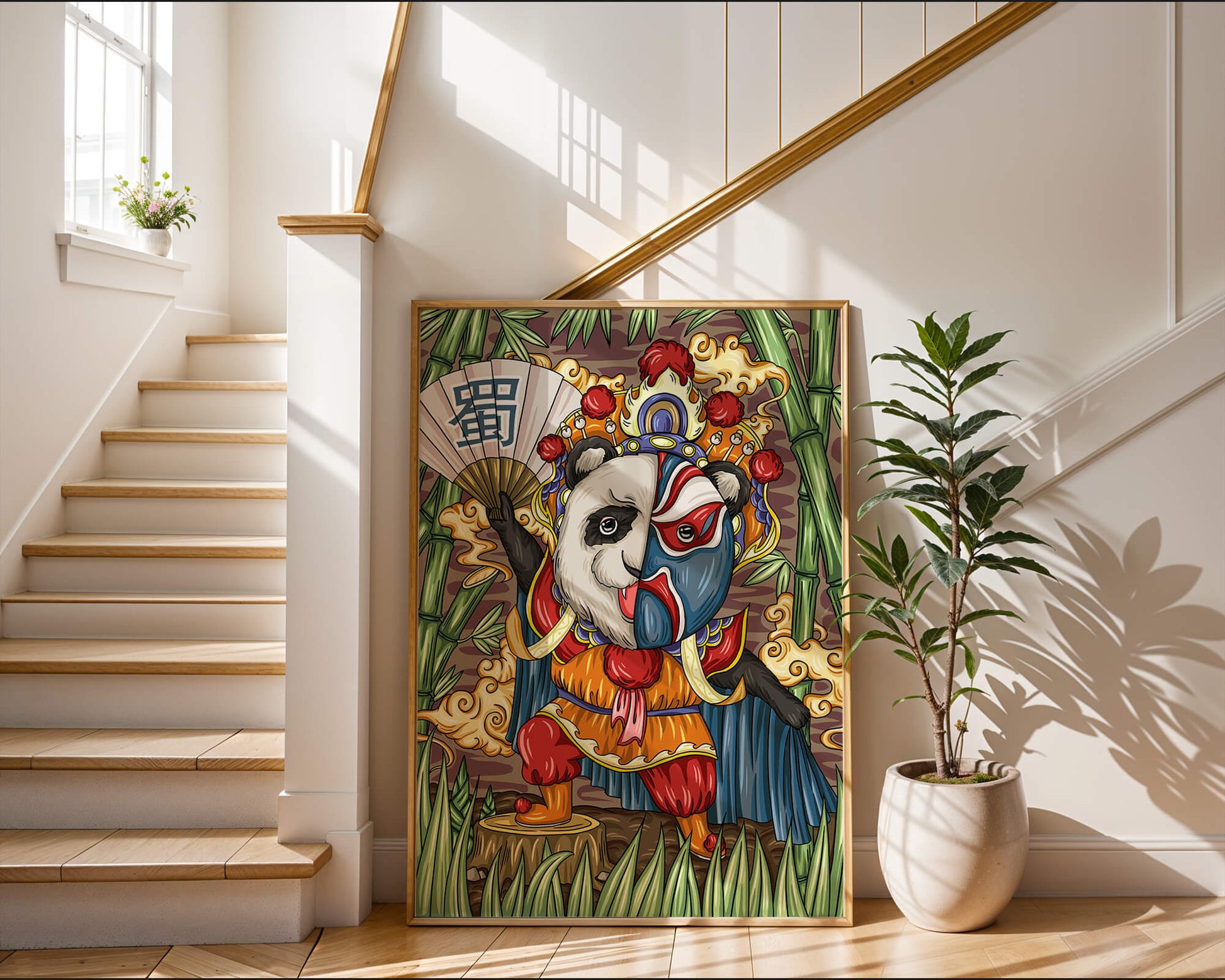 Colorful panda dressed in traditional Chinese opera costume surrounded by bamboo