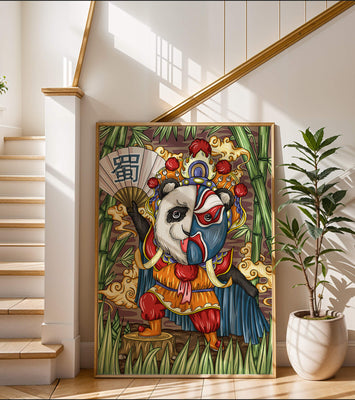 Colorful panda dressed in traditional Chinese opera costume surrounded by bamboo