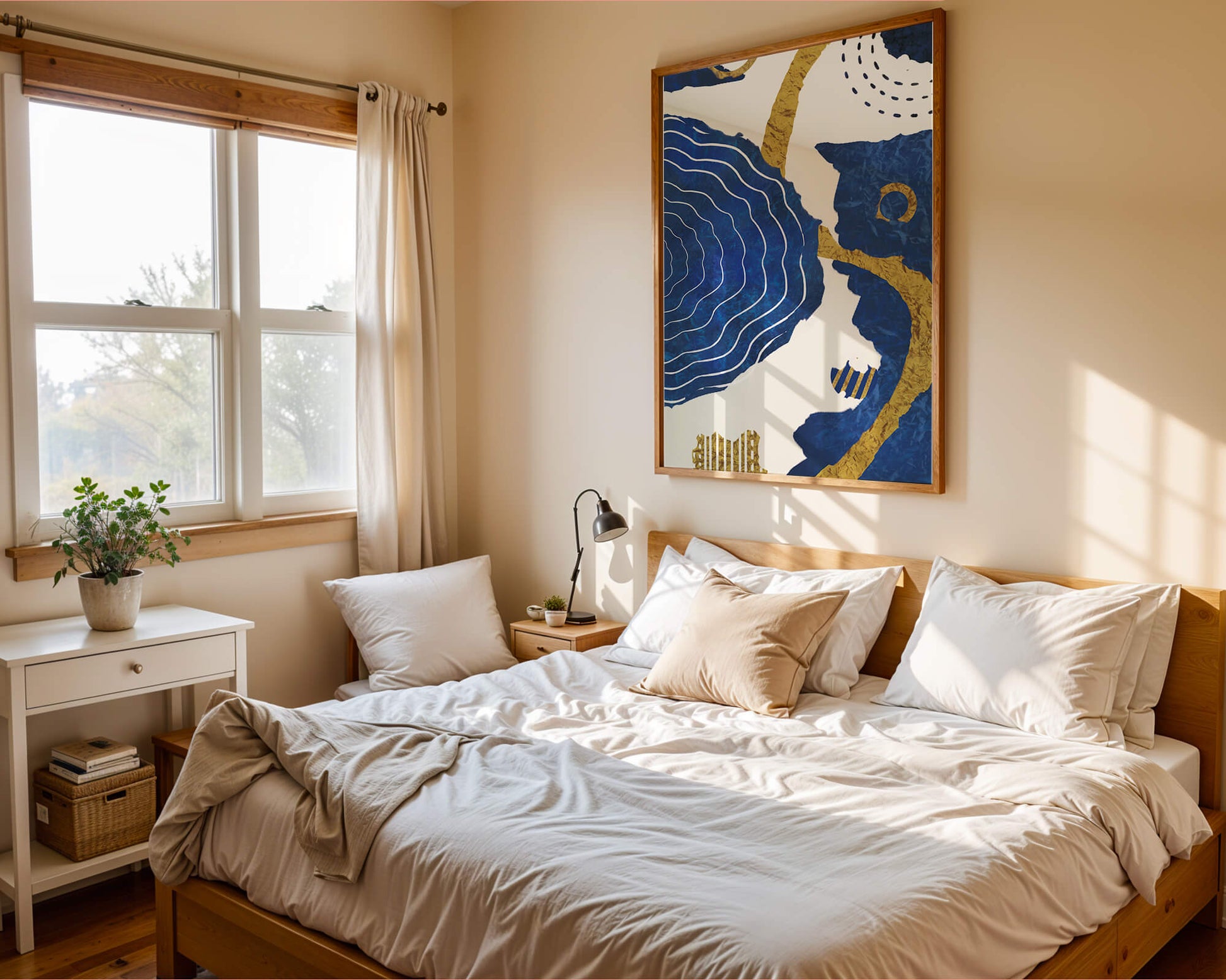 Abstract blue and gold textured artwork with wave patterns