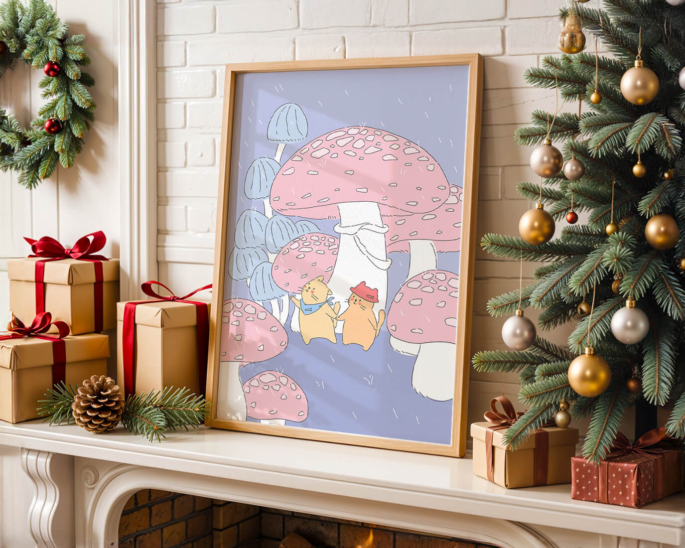 Charming illustration of cats among whimsical mushrooms
