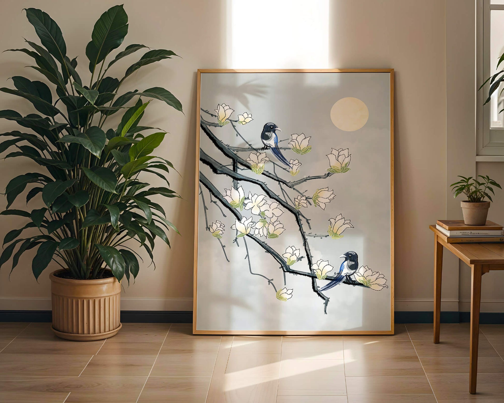Birds on blossoming branches under a serene moonlit sky
