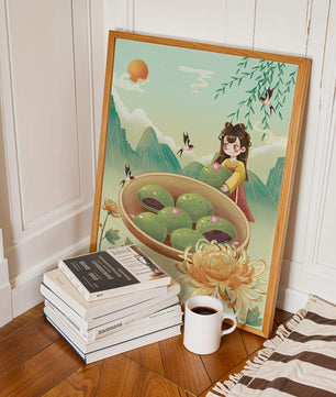 Charming Scene with Traditional Dress and Scenic Landscape Featuring Floral Elements and Birds