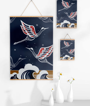 Illustrative cranes flying over ocean waves with dark background