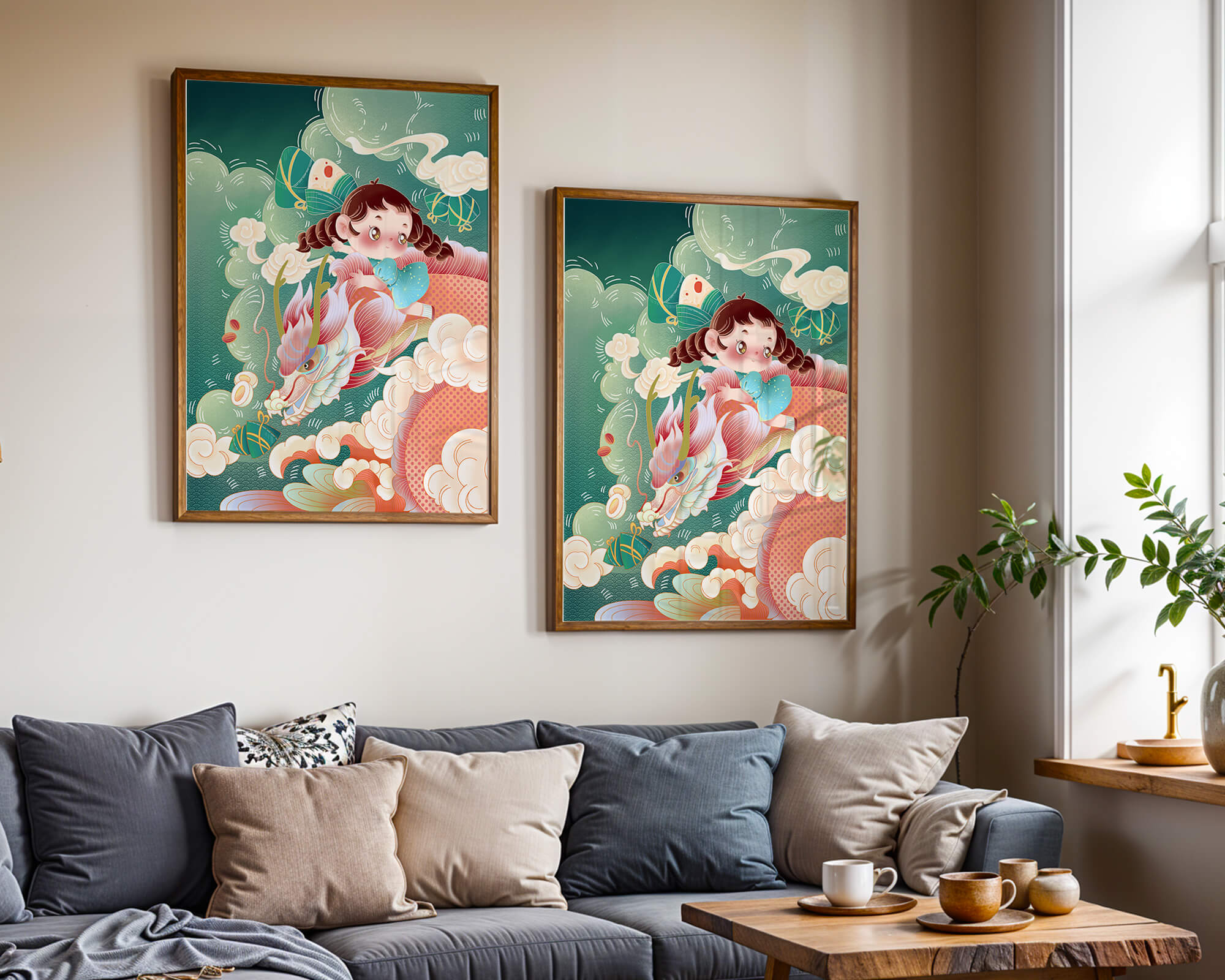 Whimsical scene of a girl riding a dragon through clouds