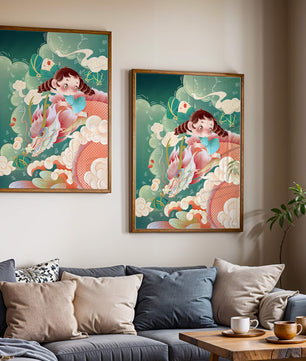 Whimsical scene of a girl riding a dragon through clouds