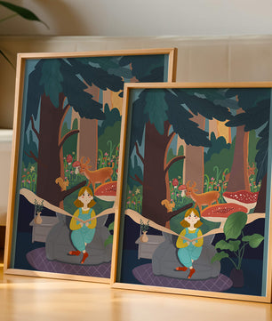 Figura femenina pacífica con criaturas del bosque y vegetación verde exuberante