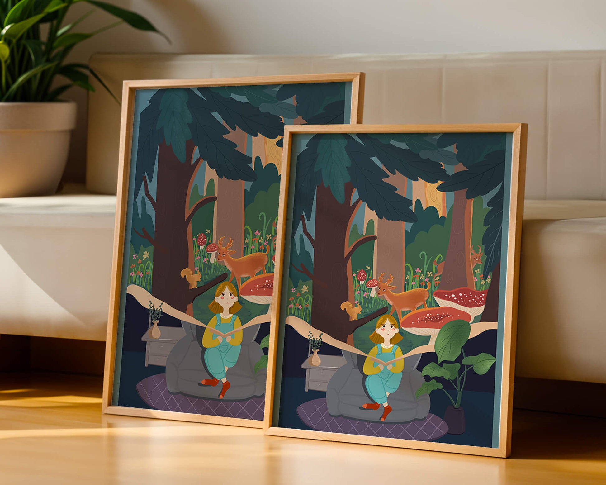 Figura femenina pacífica con criaturas del bosque y vegetación verde exuberante