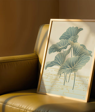 Elegant botanical illustration featuring large leaves with golden accents