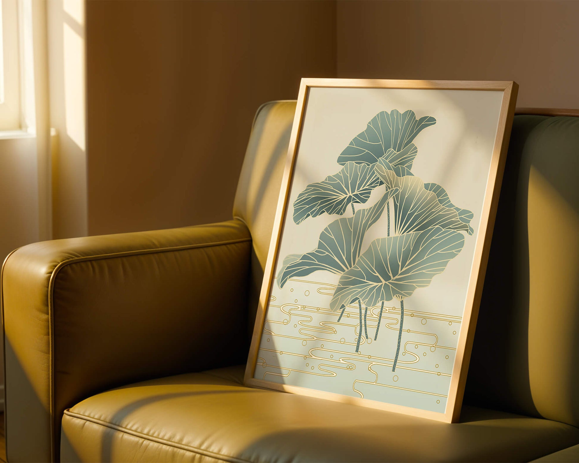 Elegant botanical illustration featuring large leaves with golden accents