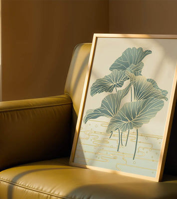 Elegant botanical illustration featuring large leaves with golden accents
