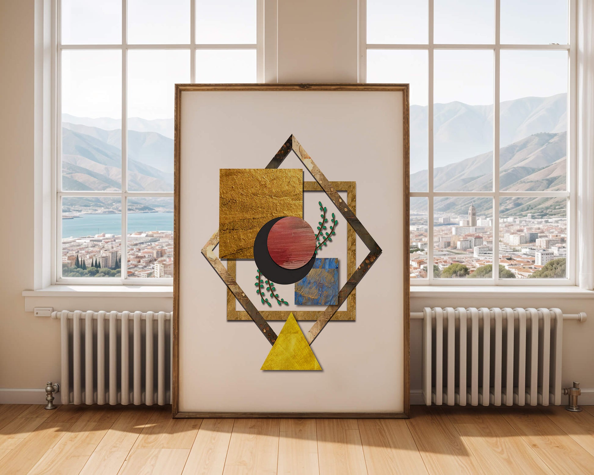 Modern geometric abstract art with vibrant colors and gold accents