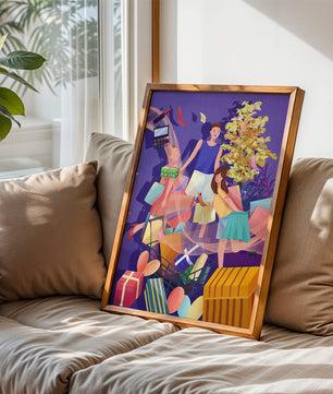 Illustration d'une expérience de shopping joyeuse en famille avec des cadeaux et des couleurs vives