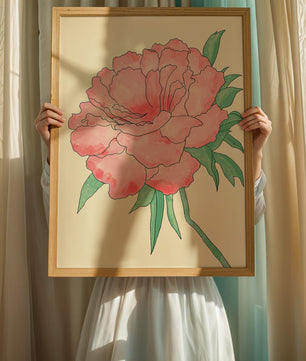 Delicate Pink Peony with Green Leaves Illustration