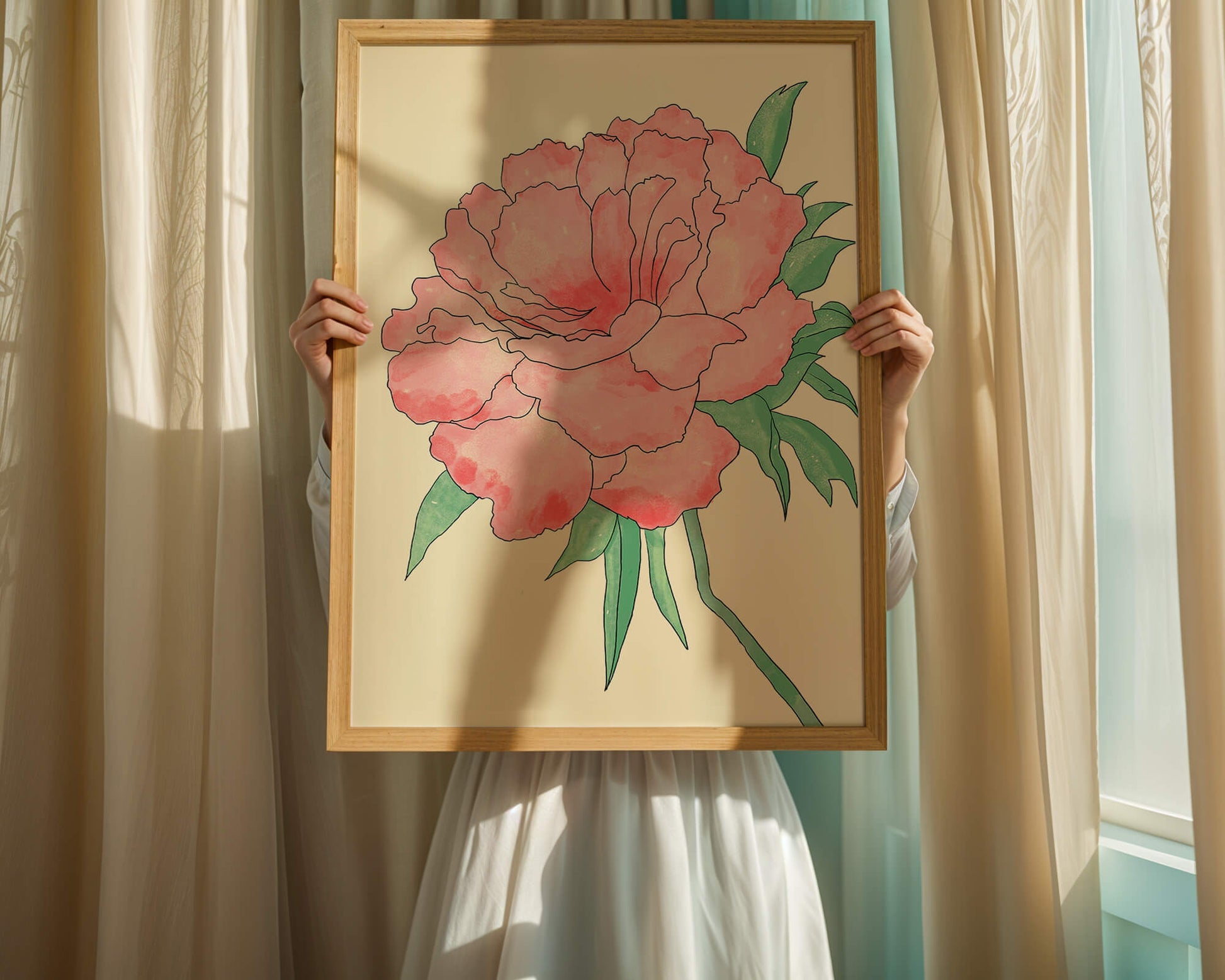 Delicate Pink Peony with Green Leaves Illustration