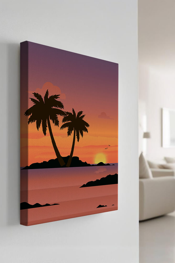 Sunset Over Tropical Island with Palm Trees and Birds - Mi tienda