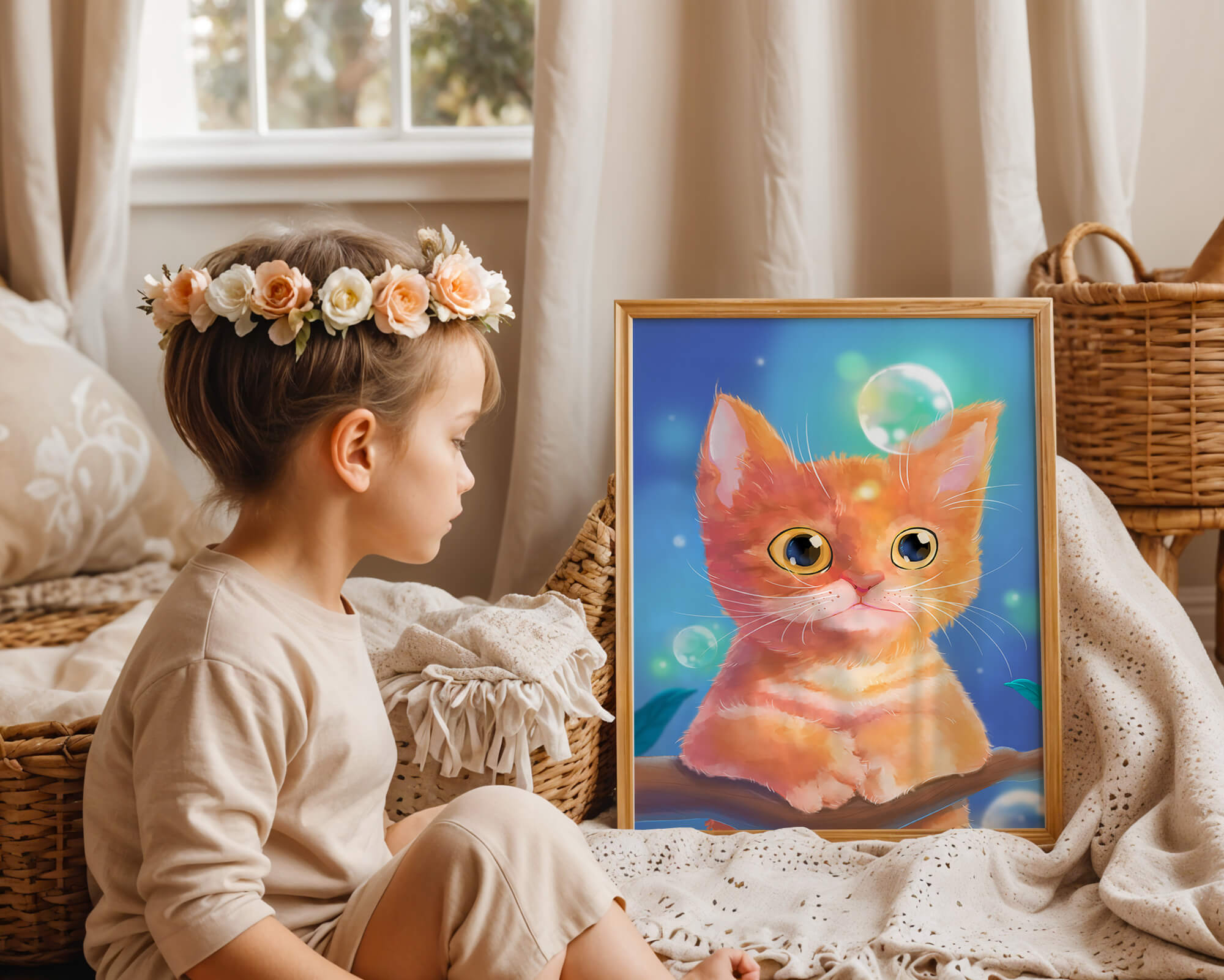 Adorable orange kitten illustration with bubbles and a colorful background