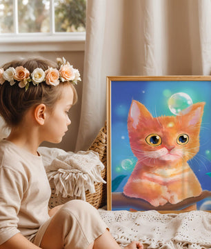 Adorable orange kitten illustration with bubbles and a colorful background