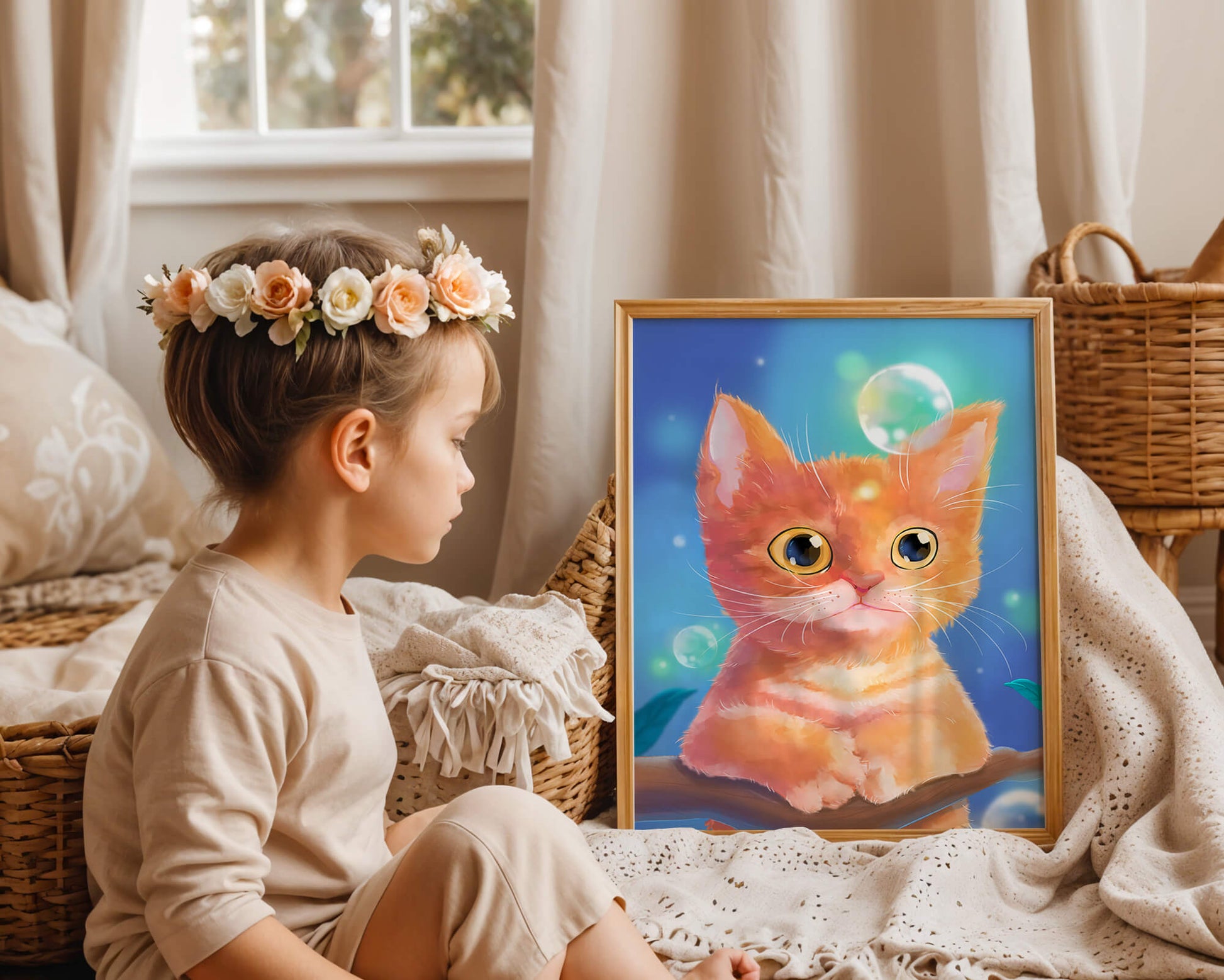 Adorable orange kitten illustration with bubbles and a colorful background
