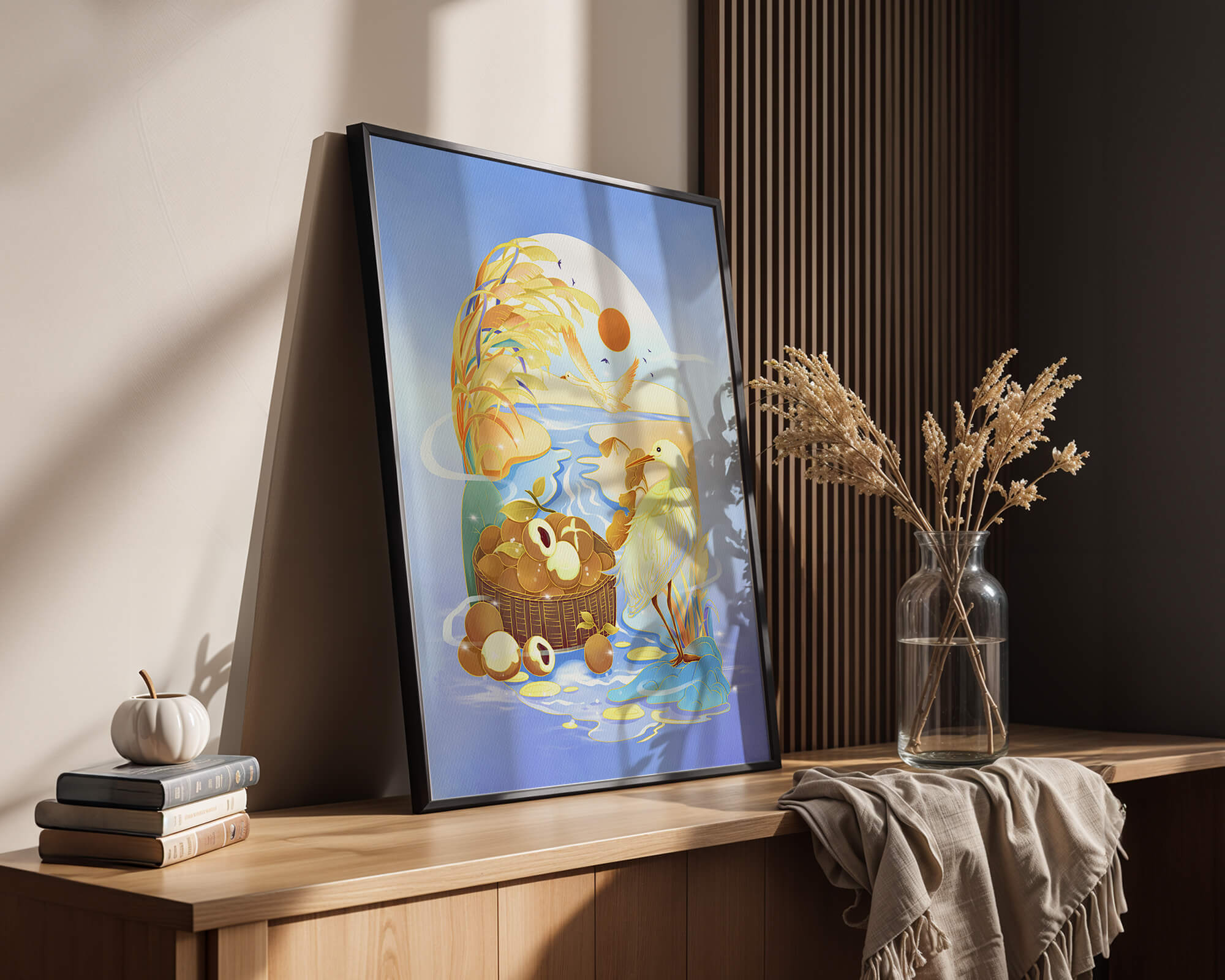Serene landscape with a bird, fruit basket, and golden reeds under a bright sun